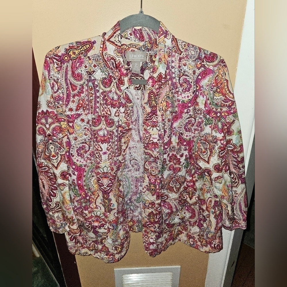 Chico's Paisley Linen Drape Open Front Jacket Size 2